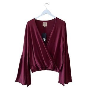 NWT Chaser Revolve Cotton FLARED SLEEVE SURPLICE  Faux Wrap Top Old Zin  Sz M